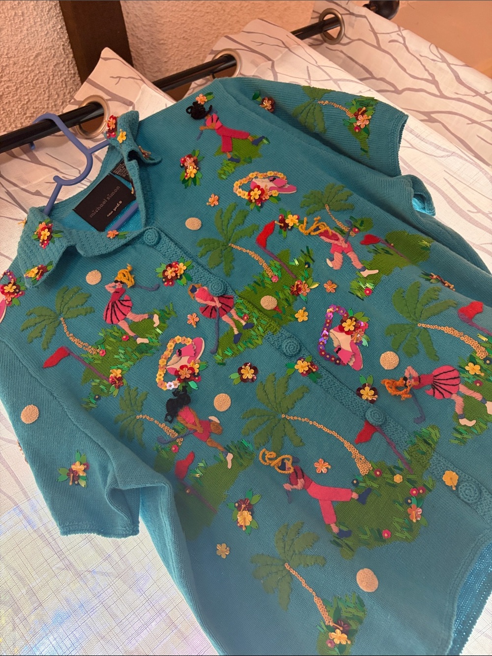 Michael Simon Women’s Teal Embroidered Tropical Golf Shirt - Picture 5 of 5